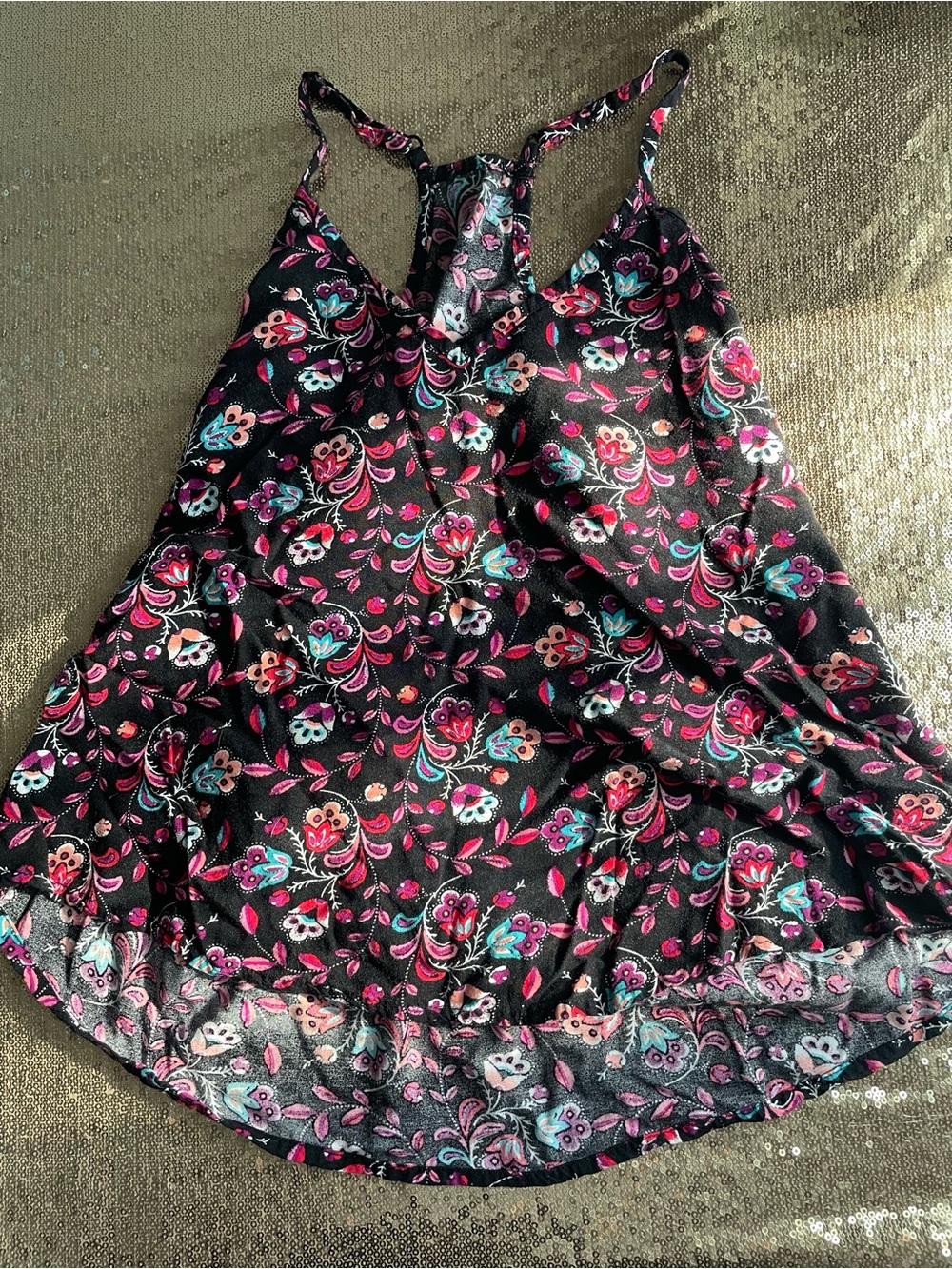 Black Floral Racerback Tank Top w/ adjustable straps & pink floral detail